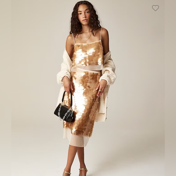 Crew Collection Sequin Chiffon Paillette Peach Midi Skirt Beige